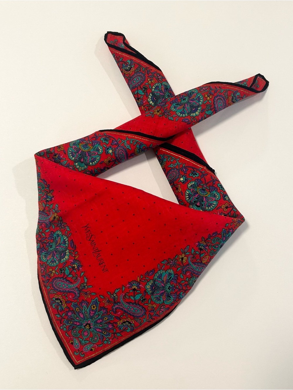 Women Handkerchief YSL Floral Paisley Red Cotton Pocket Square 18”